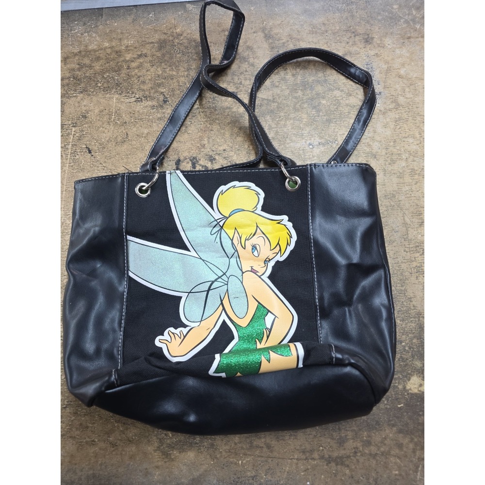 Disney Tinker Bell Tote Purse Glitter Vintage Faux Leather & Canvas Shoulder Bag